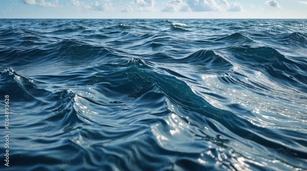 Poster calm ocean water surface with ripples and reflections under a bright sky with clouds copy space