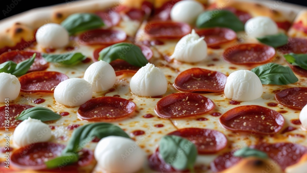 Poster pepperoni pizza topped with fresh basil and mozzarella balls arranged on a wooden surface with melti