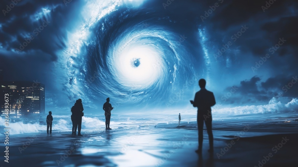 Poster meteorological team monitoring a massive hurricane, using advanced weather satellites and data model