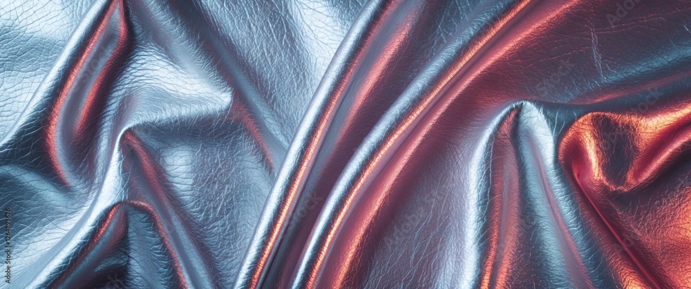 Poster Metallic blue and red textured fabric draped in folds creating depth and dimension with shiny surface ideal for background design Copy Space