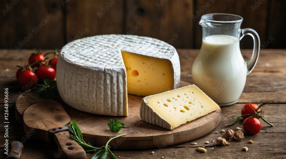 Poster cheese wheel with a slice cut out on wooden board accompanied by fresh tomatoes and a jug of milk ru