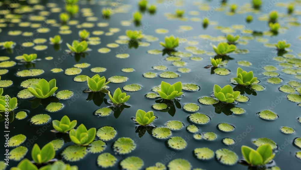 Poster lush green water plants and lily pads floating on calm water surface with reflections and copy space