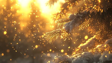 Snowy forest sunset, glistening snow surface, backlit pine branches, winter light effects, floating snow particles, warm golden atmosphere, serene winter scene, dramatic sunburst, crisp snow