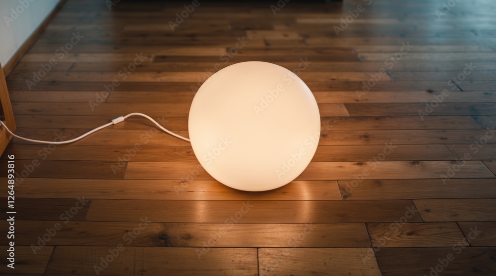 Poster Modern round lamp illuminated on wooden floor with cable visible and soft lighting effect Copy Space