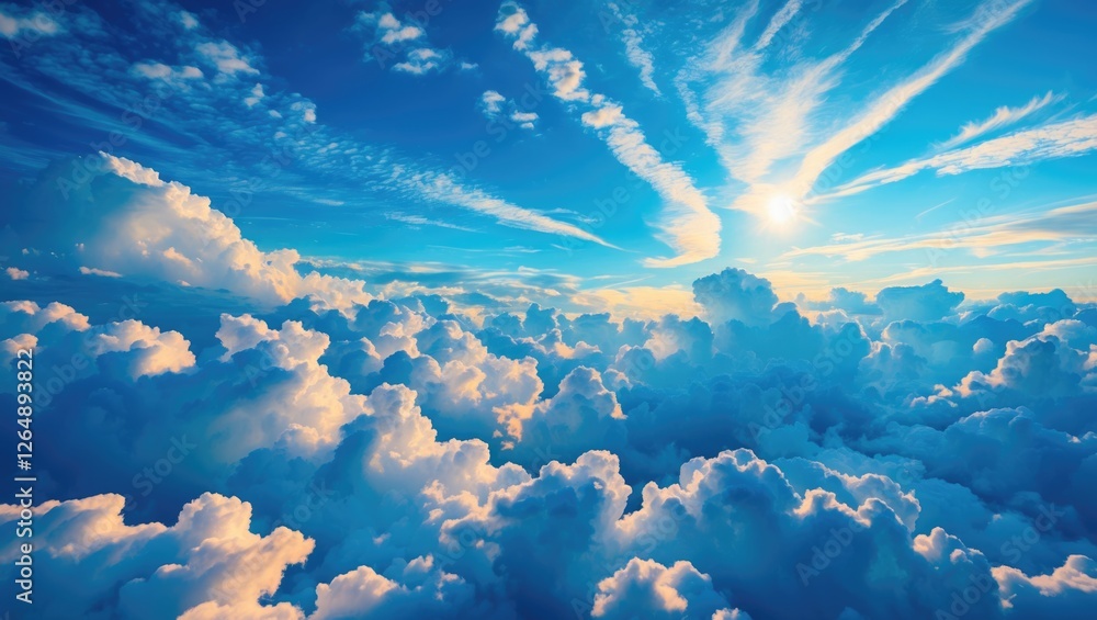 Poster vibrant sky with fluffy clouds and sunlight breaking through showcasing blue tones and textures with