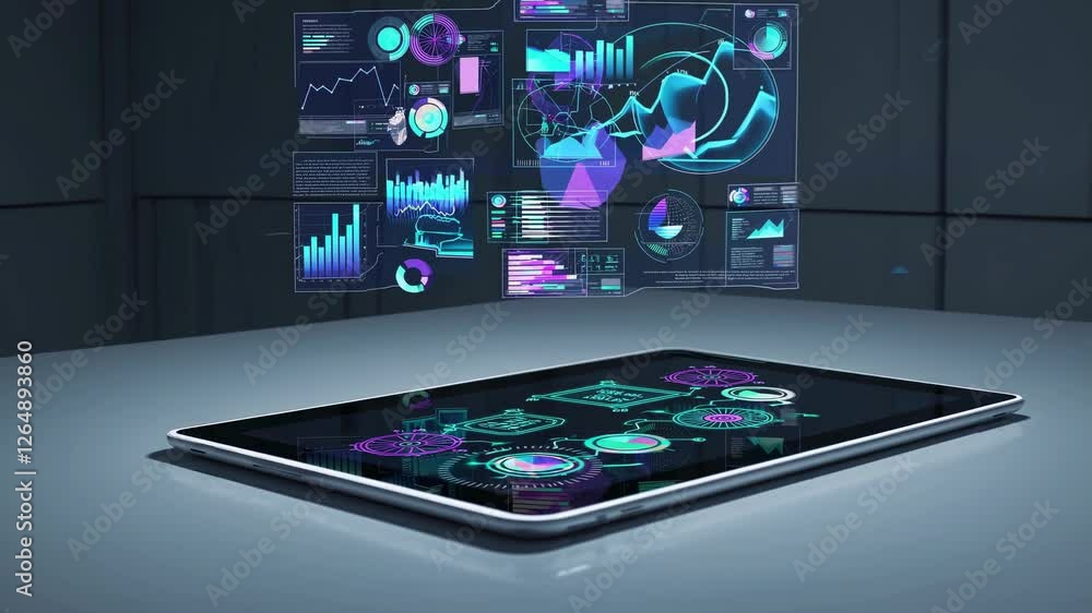 Poster innovative digital interface showcases advanced technology with interactive holograms in modern work