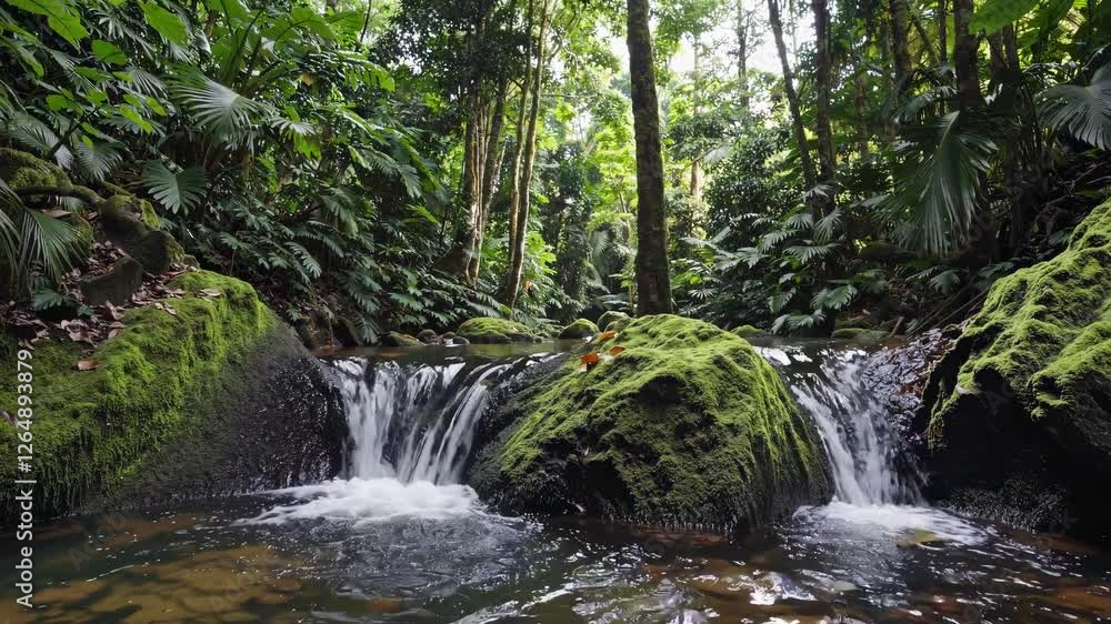 Poster exploring a lush rainforest with a tranquil waterfall and vibrant greenery in a serene natural habit