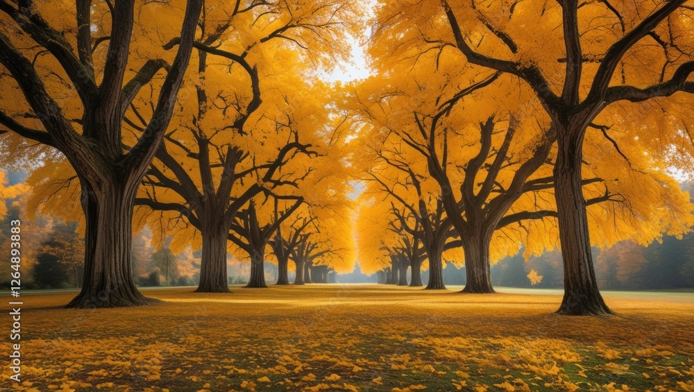 Poster Golden autumn trees lining a pathway with fallen leaves on the ground and soft sunlight filtering through the branches Copy Space