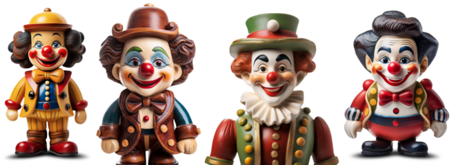 Close-up of a cute smiling wooden clown toy, looking at camera, isolated on white or transparent background. Collection and variation. Png. 19th century style funny toy. Generative Ai.