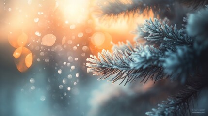 Winter forest glow, crystalline snow details, majestic sunset light, frosted pine needles, glittering snowflakes, warm winter atmosphere, pristine snow scene, ethereal light rays, dramatic winter