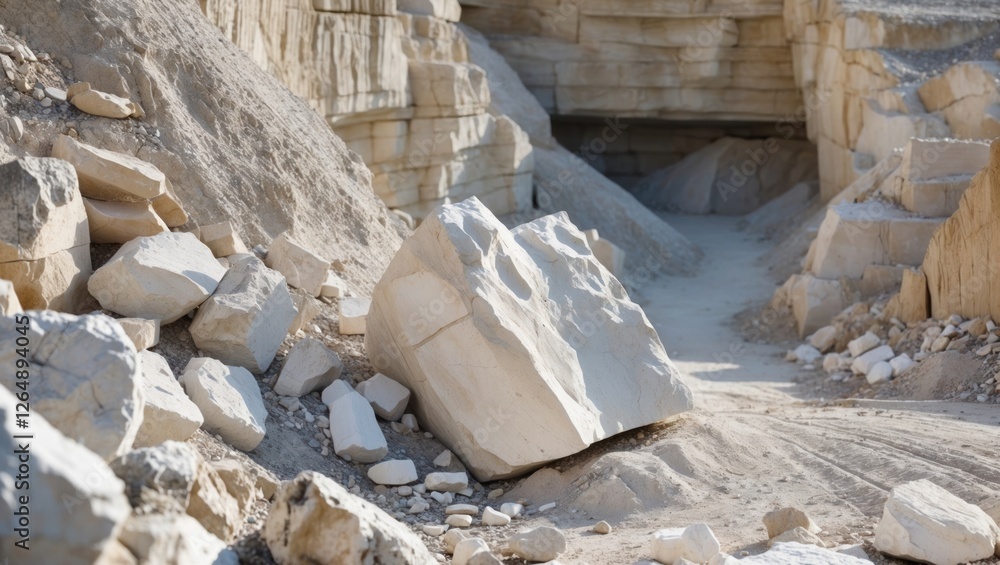 Poster rocky landscape of a stone quarry with large boulders and gravel pathway leading into a cave like st