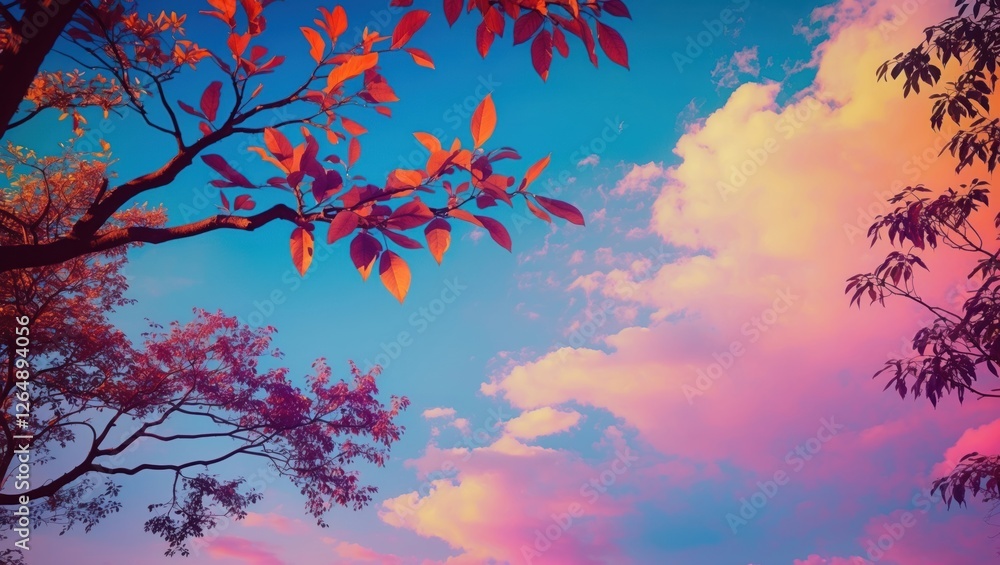 Poster vibrant sky with colorful clouds and autumn leaves framing the scene at sunset in a tranquil outdoor