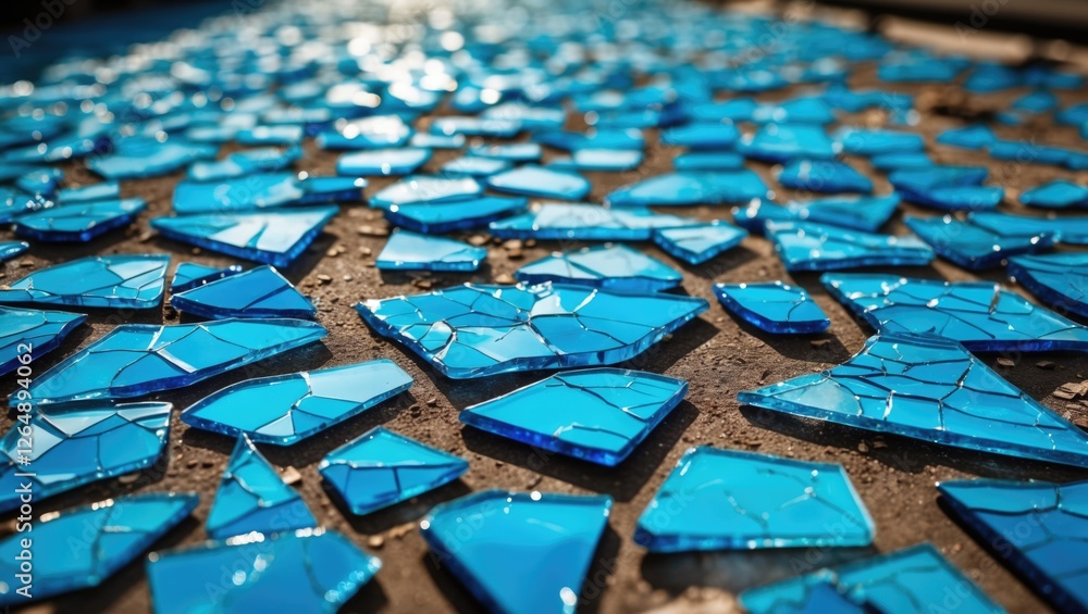 Aufkleber Blue glass shards scattered on ground with sunlight reflecting off surface creating a textured and vibrant background Copy Space
