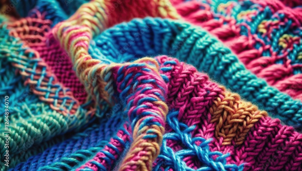 Poster Close-up of colorful knitted fabric showcasing intricate patterns and textures Copy Space