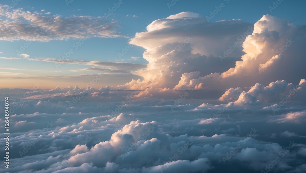 Poster cloud formations during sunset with bright colors and soft light, panoramic view of the sky, copy sp