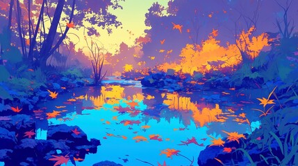 Vibrant City Pop Anime Scene, fallen leaves on a riverbank, damp stones by a stream, bold black outlines, simple solid colors, geometric style, cool neon-lit palette