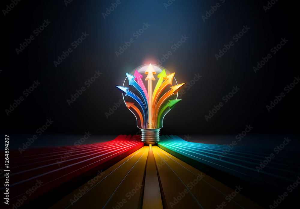Aufkleber Stylized, vibrant lightbulb shape composed of colorful arrows pointing upwards against a dark backdrop. Light rays emanate downwards, creating a path.