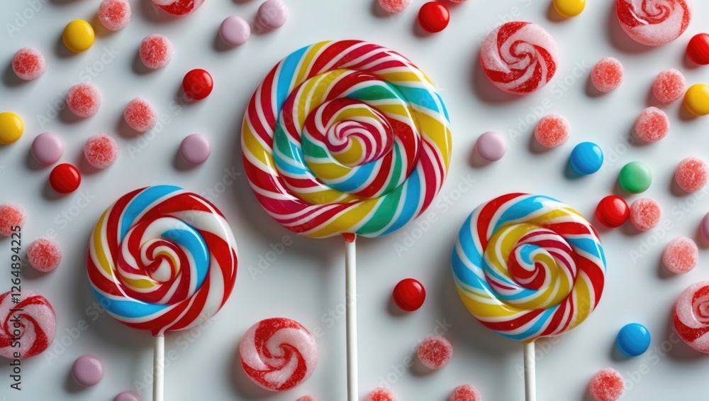Poster colorful spiral lollipops surrounded by assorted candies on a white background with copy space