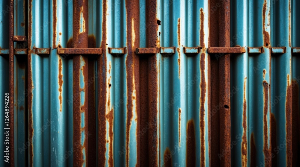 Poster rusty corrugated metal wall with blue paint and orange rust patterns detailed texture background wit