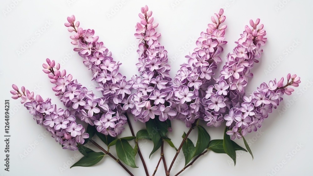 Poster purple lilac flowers arranged in a decorative manner on a white background with green leaves and amp