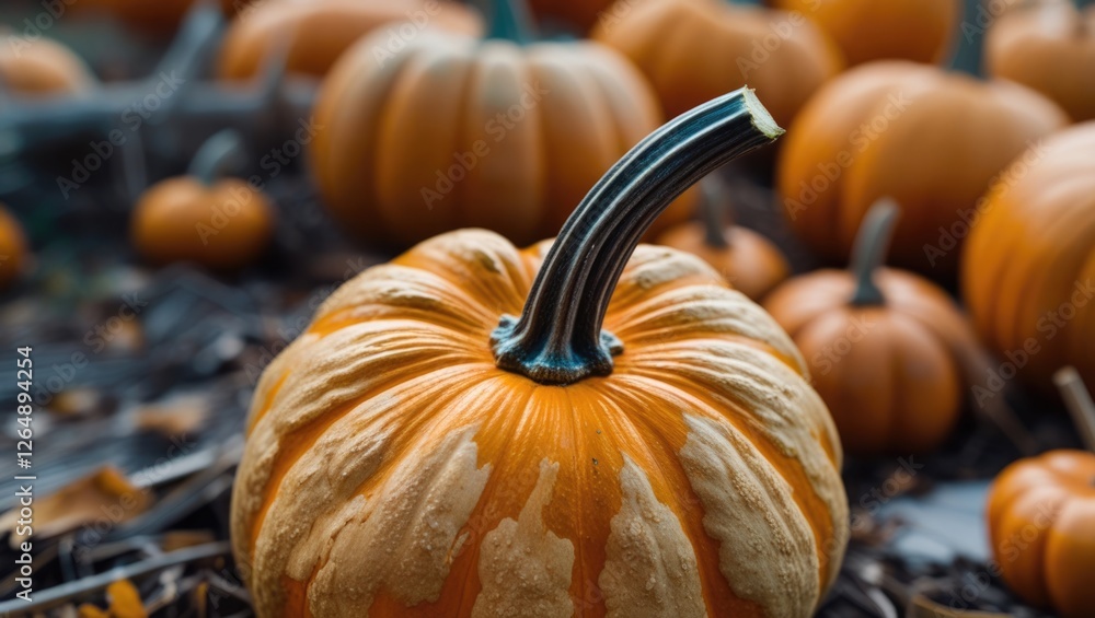 Poster close-up of a textured orange pumpkin with green stem surrounded by smaller pumpkins in a harvest se