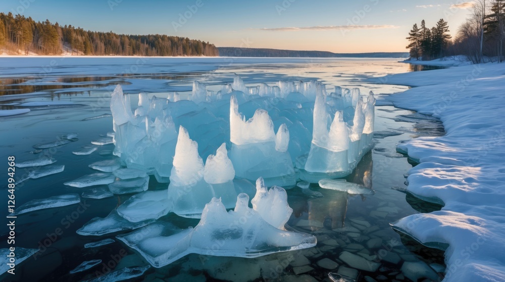 Poster winter landscape with ice formations on a frozen lake reflecting sunlight with snow-covered shores a