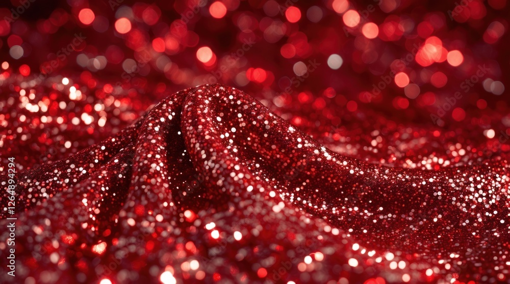 Poster Red glitter fabric with sparkling sequins creating a textured surface and soft folds suitable for backgrounds or textile design Copy Space