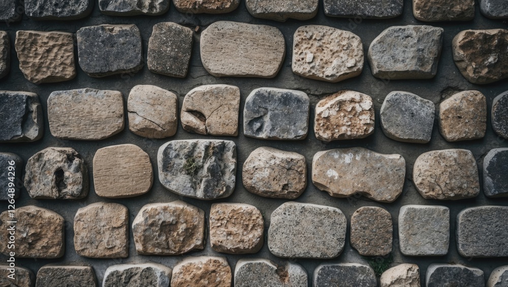 Poster textured stone wall with various shapes and colors of stones arranged in a consistent pattern suitab