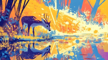 City Pop Fawn, vibrant autumn woodland scene featuring a young deer drinking from a stream, bold outlines, solid colors, geometric style, cool neon palette.