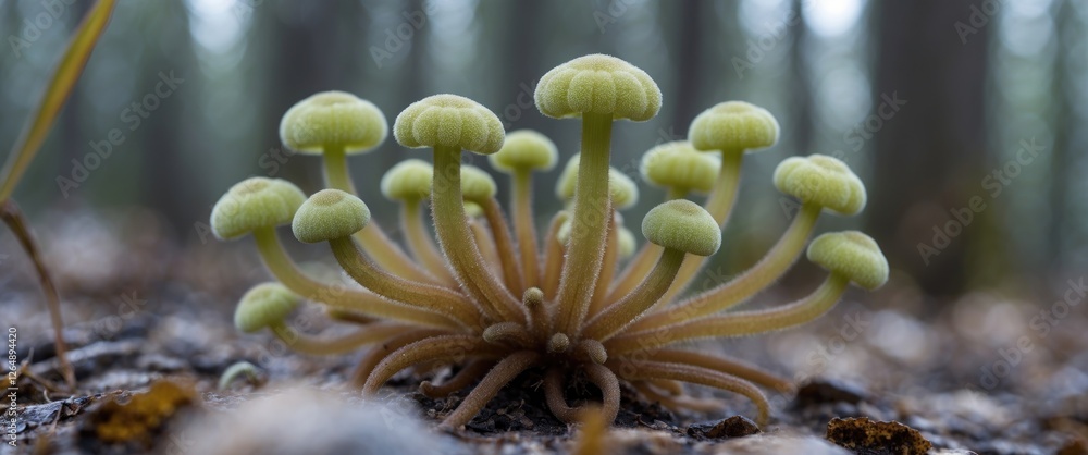 Poster cluster of green mushrooms growing on forest floor in natural habitat with soft focus background and