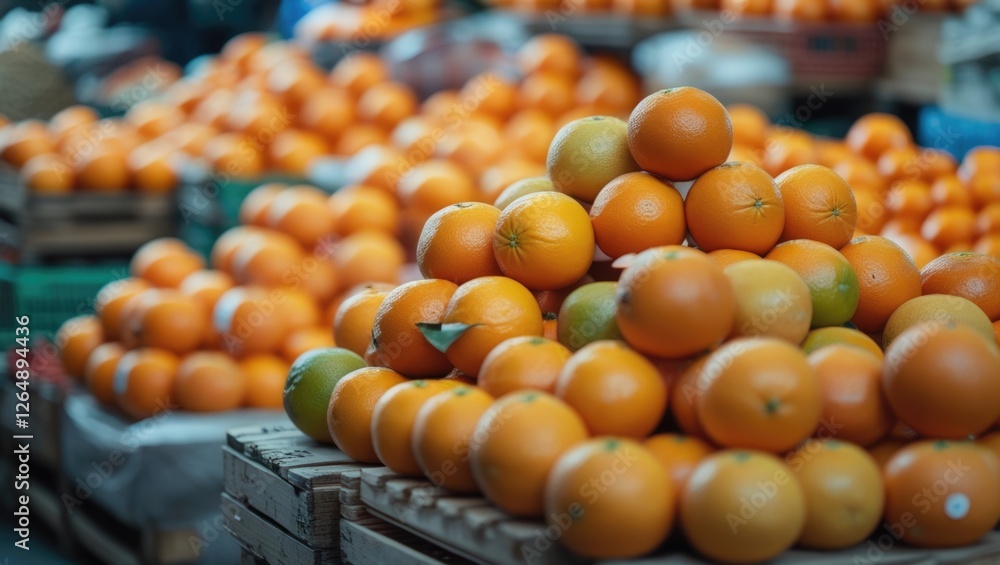 Poster fresh oranges stacked in a bustling market with blurred background and bright colors showing abundan