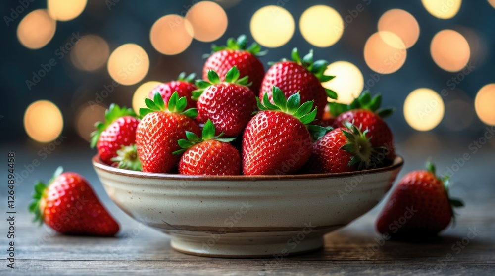 Poster Bowl of fresh strawberries on wooden table with blurred bokeh background and copy space for text