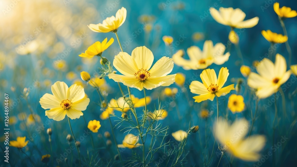 Aufkleber yellow flowers in a vibrant meadow with a blurred background and natural sunlight in a soft focus se