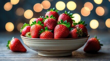 Bowl of fresh strawberries on wooden table with blurred bokeh background and copy space for text