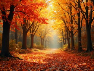 Vibrant autumn forest with golden red and orange leaves covering the ground
