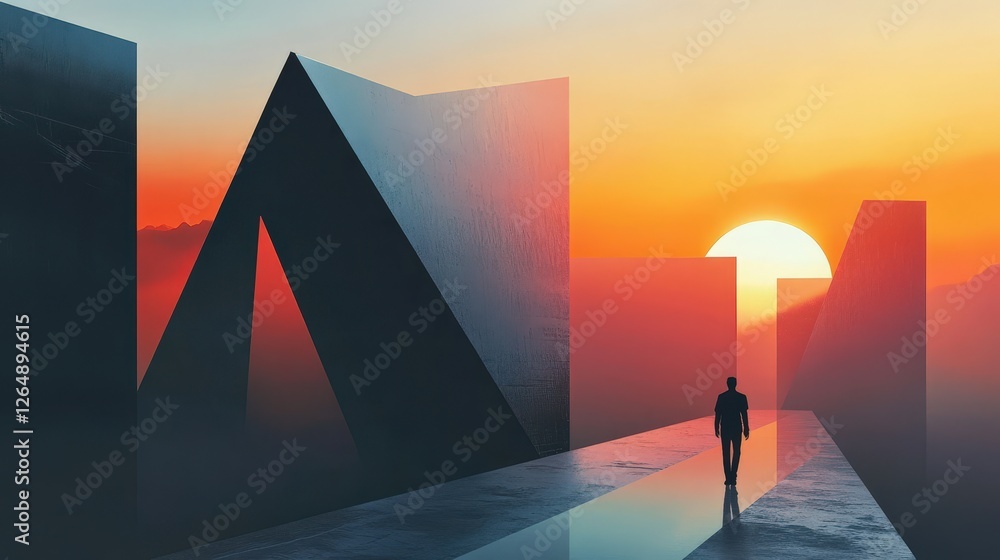 Poster a minimalist design with angular lines and sharp-edged shapes, such as triangles and rectangles, con