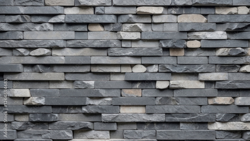Poster Gray slate stone wall texture pattern with various sizes and shapes of stones arranged in a horizontal layout Copy Space