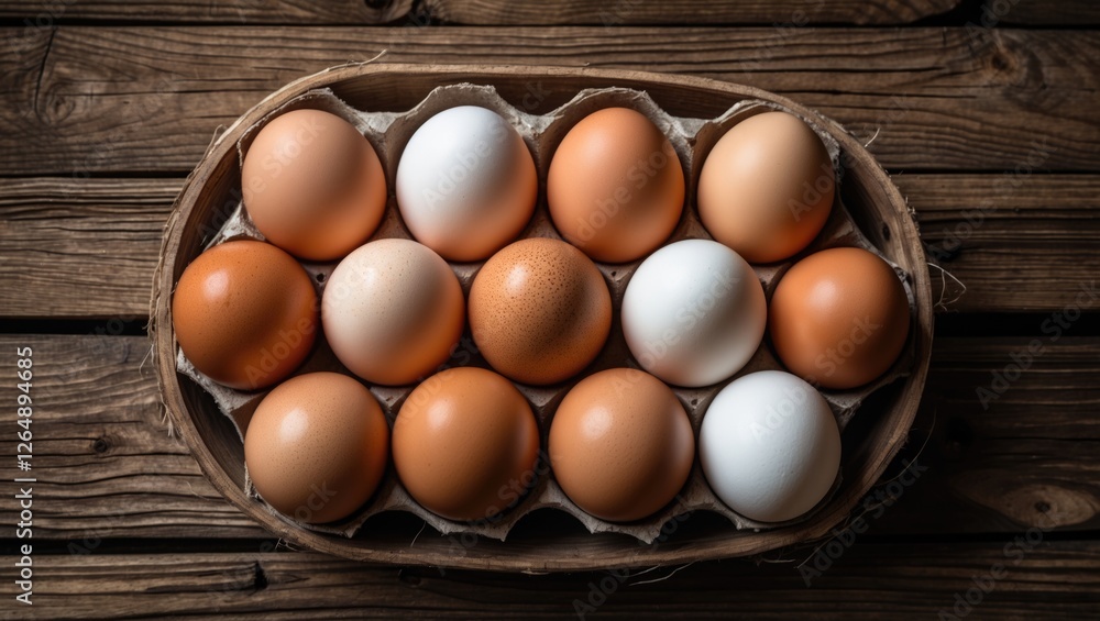 Poster egg carton containing a dozen brown and white eggs arranged on a rustic wooden background with natur