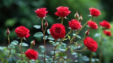 Obraz premium Bunch of blooming red roses in a garden with green foliage background and visible buds Copy Space