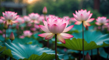 Fototapeta premium Lotus flowers blooming in tranquil pond surrounded by lush green leaves at sunset, natural beauty with Copy Space.