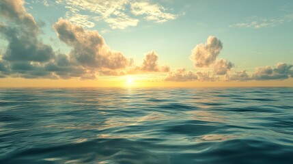 Obraz premium Painted ocean dawn, expressive cloud movement, brilliant color transitions, calm sea surface, dynamic sky composition, gentle sun glow, artistic water reflections, dramatic cloudscape, serene