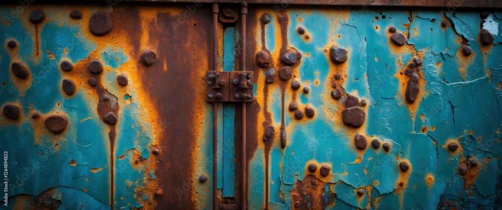 Aufkleber rusty metal surface with blue paint peeling and corrosion providing a textured background with orang