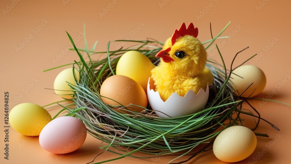 Poster colorful artificial chick in an eggshell surrounded by pastel colored eggs and green grass nest on o