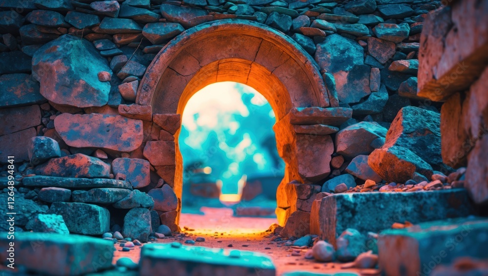 Poster Ancient stone archway leading to a bright illuminated pathway with soft bokeh background and scattered stones in focus Copy Space