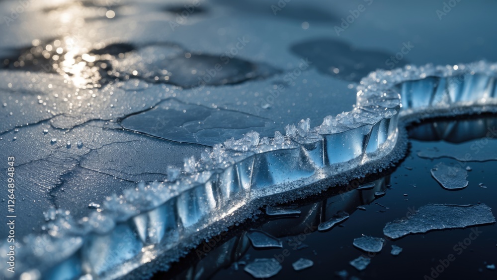 Poster Close-up of a frozen ice edge with water droplets reflecting light on a dark surface, abstract winter texture with copy space