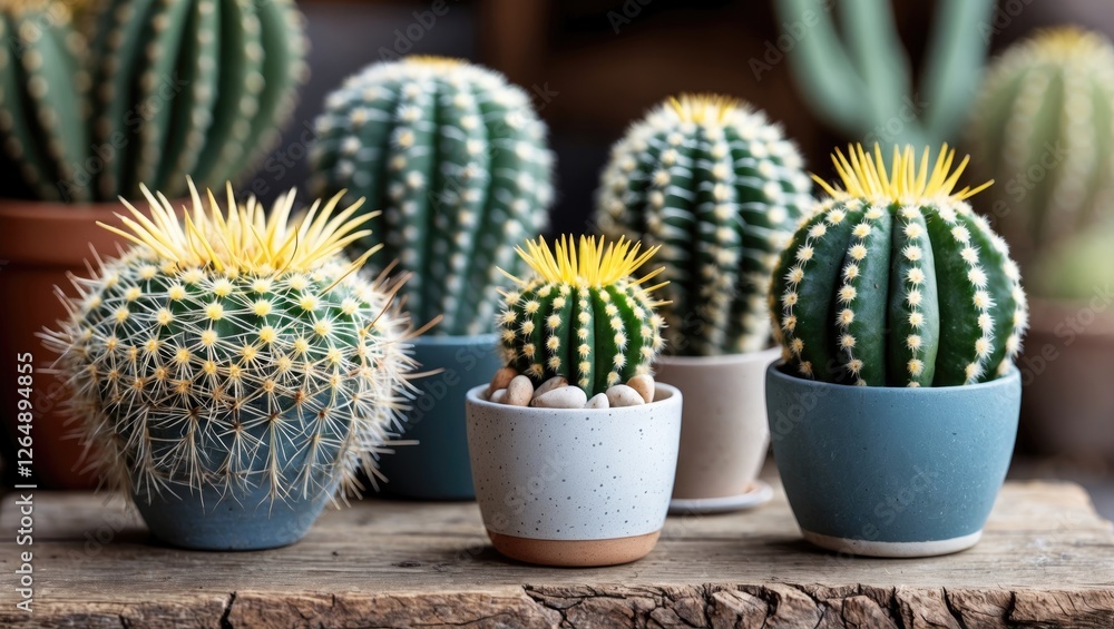 Poster various colorful cacti in ceramic pots on wooden surface with blurred background of additional succu