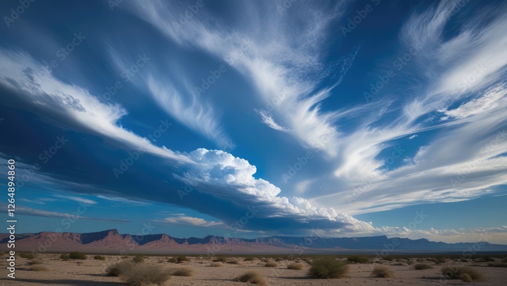 Poster wide view of dramatic clouds over desert landscape with distant mountains under blue sky with swirli