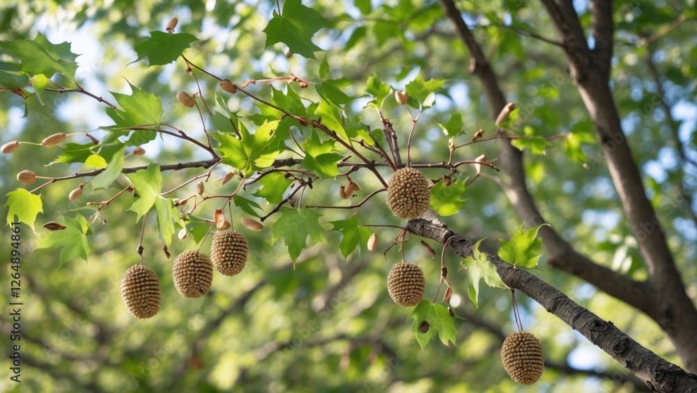 Poster green leaves and hanging seed balls on a tree branch in bright sunlight with blurred background show