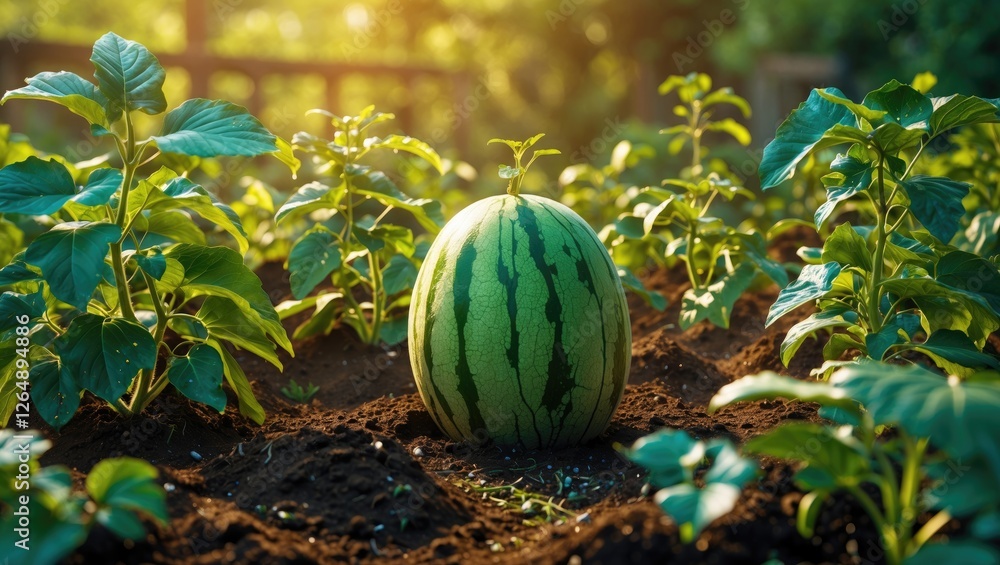 Poster watermelon growing in a garden surrounded by green plants with sunlight filtering through the leaves