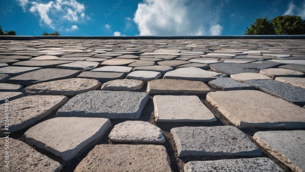 Poster textured cobblestone pathway with blue sky and clouds overhead, showing stone details and perspectiv